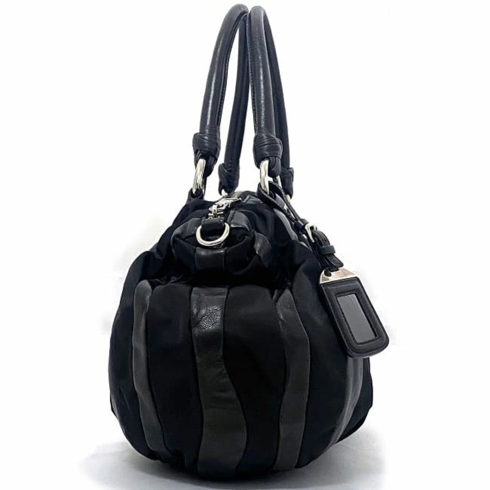 Prada Tote Bag Black Silver Leather Stripe Zipper Logo - Picture 2 of 10